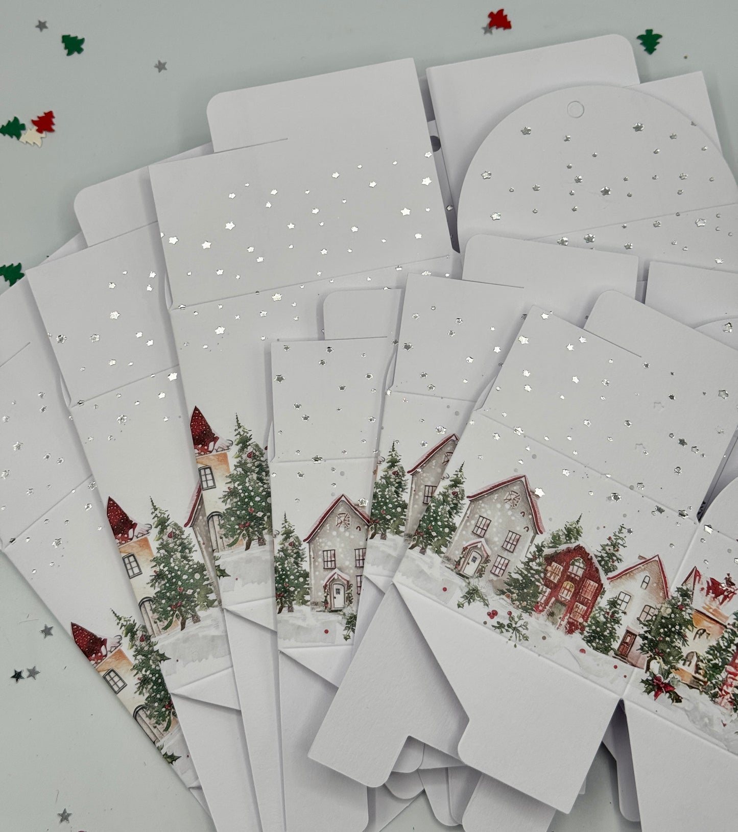 'CHRISTMAS VILLAGE' Tie Top -  Hand Foiled Gift Boxes - Set of 6 boxes -  Includes ribbon