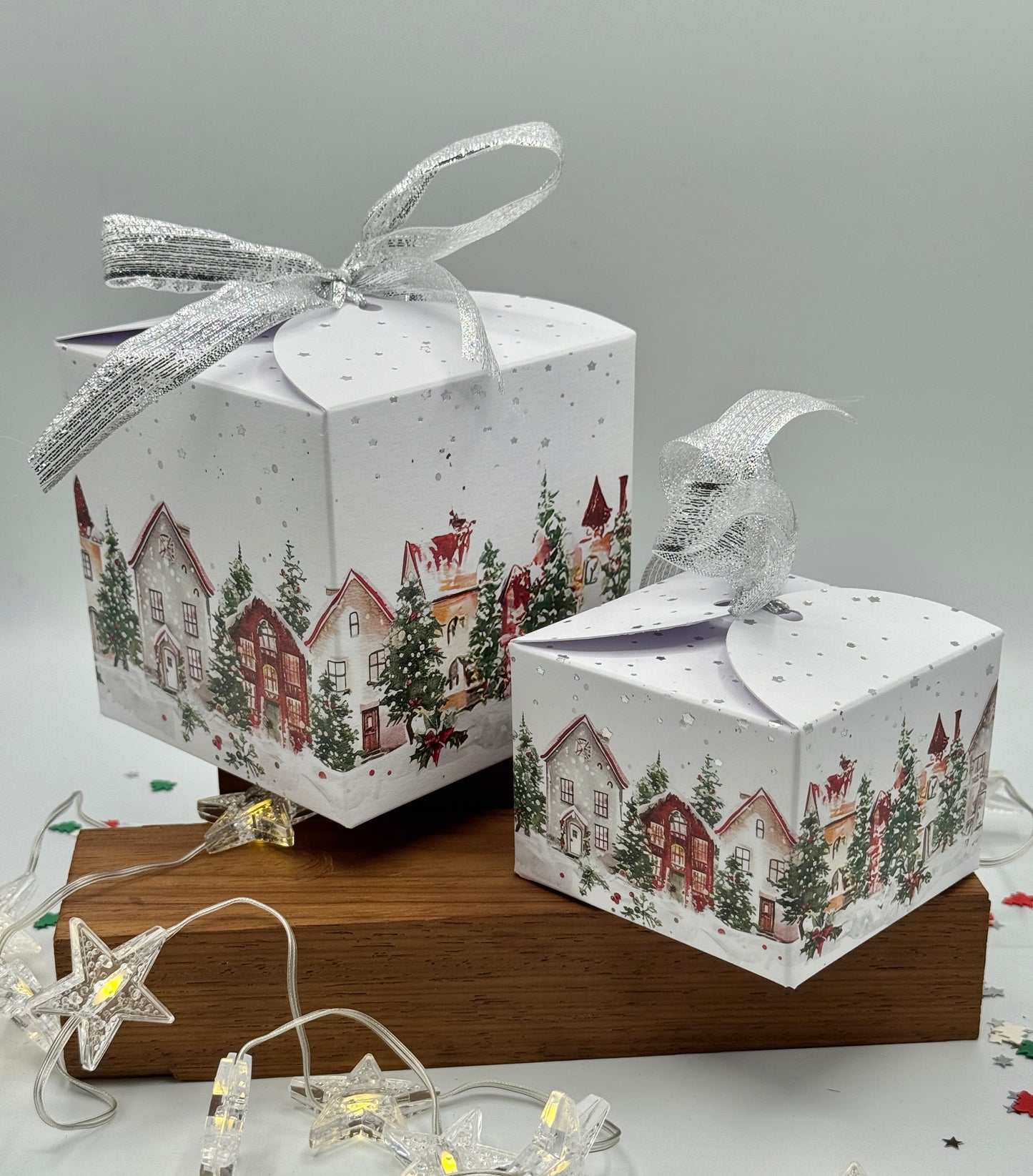 'CHRISTMAS VILLAGE' Tie Top -  Hand Foiled Gift Boxes - Set of 6 boxes -  Includes ribbon