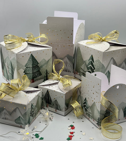 'WINTER FOREST' Tie Top Gift Boxes - Set of 6 boxes -  Includes metallic ribbon