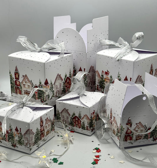 'CHRISTMAS VILLAGE' Tie Top -  Hand Foiled Gift Boxes - Set of 6 boxes -  Includes ribbon