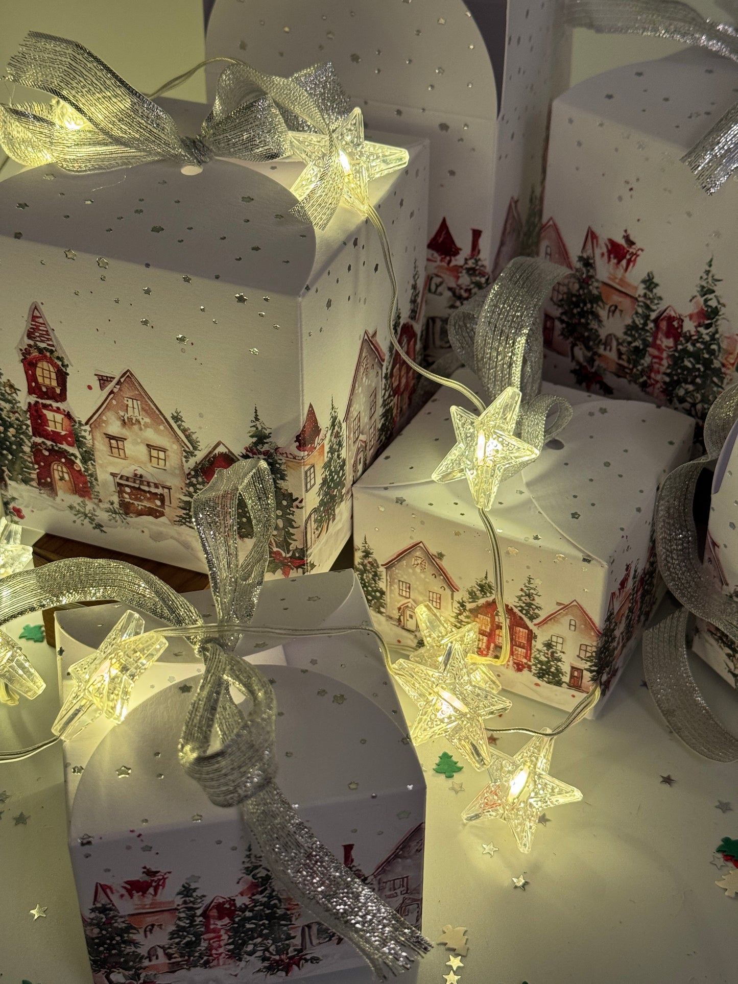 'CHRISTMAS VILLAGE' Tie Top -  Hand Foiled Gift Boxes - Set of 6 boxes -  Includes ribbon