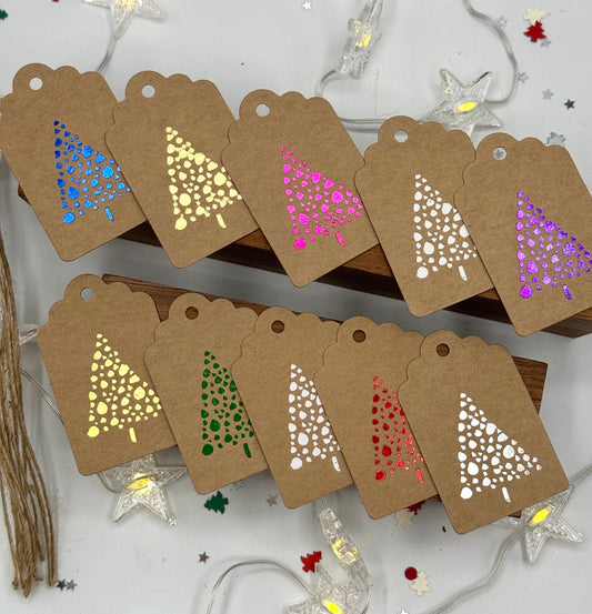10 x Kraft CHRISTMAS TAGS with Foiled Tree &  jute cord -  Classic or Modern colours  | Size: 4.5 x 7cm