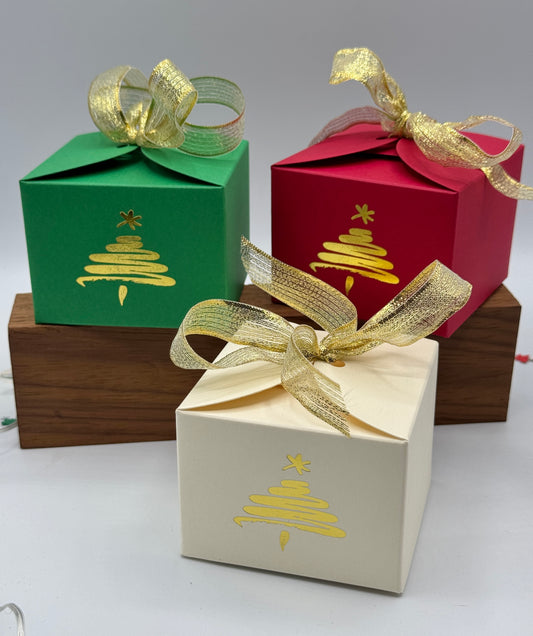 GOLD CHRISTMAS TREES Christmas Table/Advent Gift Boxes - Set of 6 Tie Top with Gold ribbon | Size 8 x 8 x 6cm