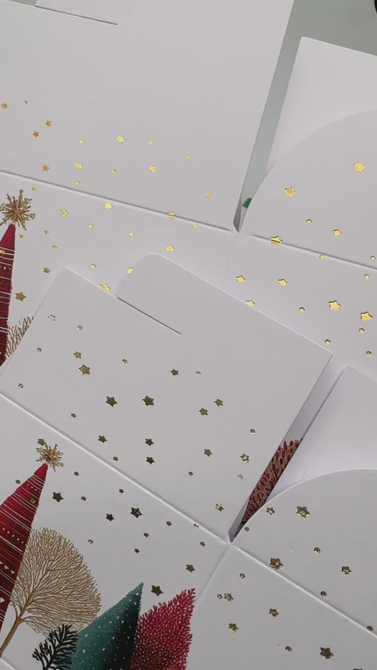Christmas SMALL 'FESTIVE TREES'  Gift Boxes with Mini Gold Stars  - Size 8x8x6cm  (Pack of x6)