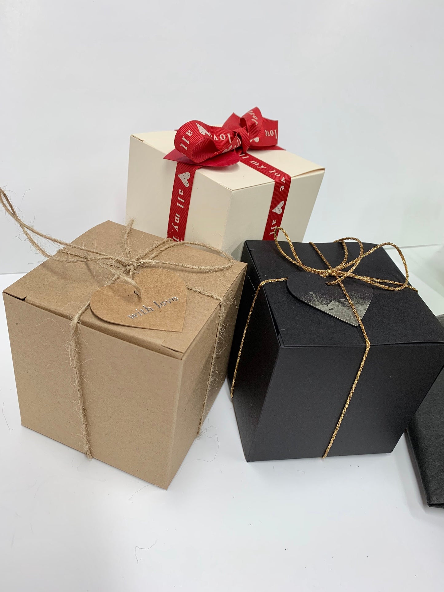 9cm Cube Gift Boxes_ Kraft, Black and Ivory